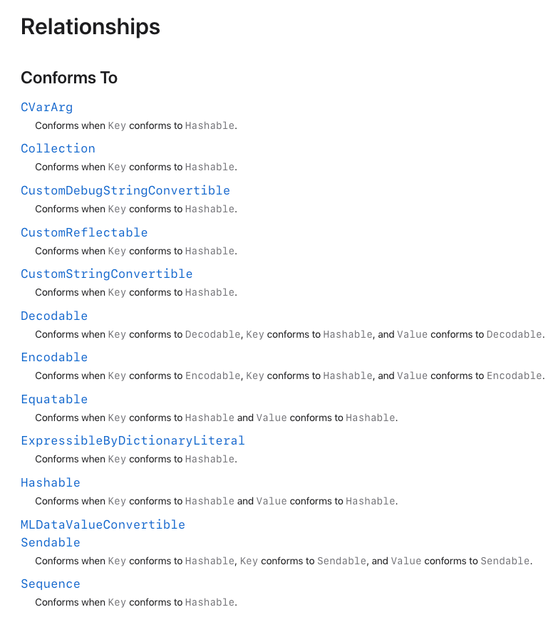 Dictionary 타입이 준수하는 프로토콜 목록